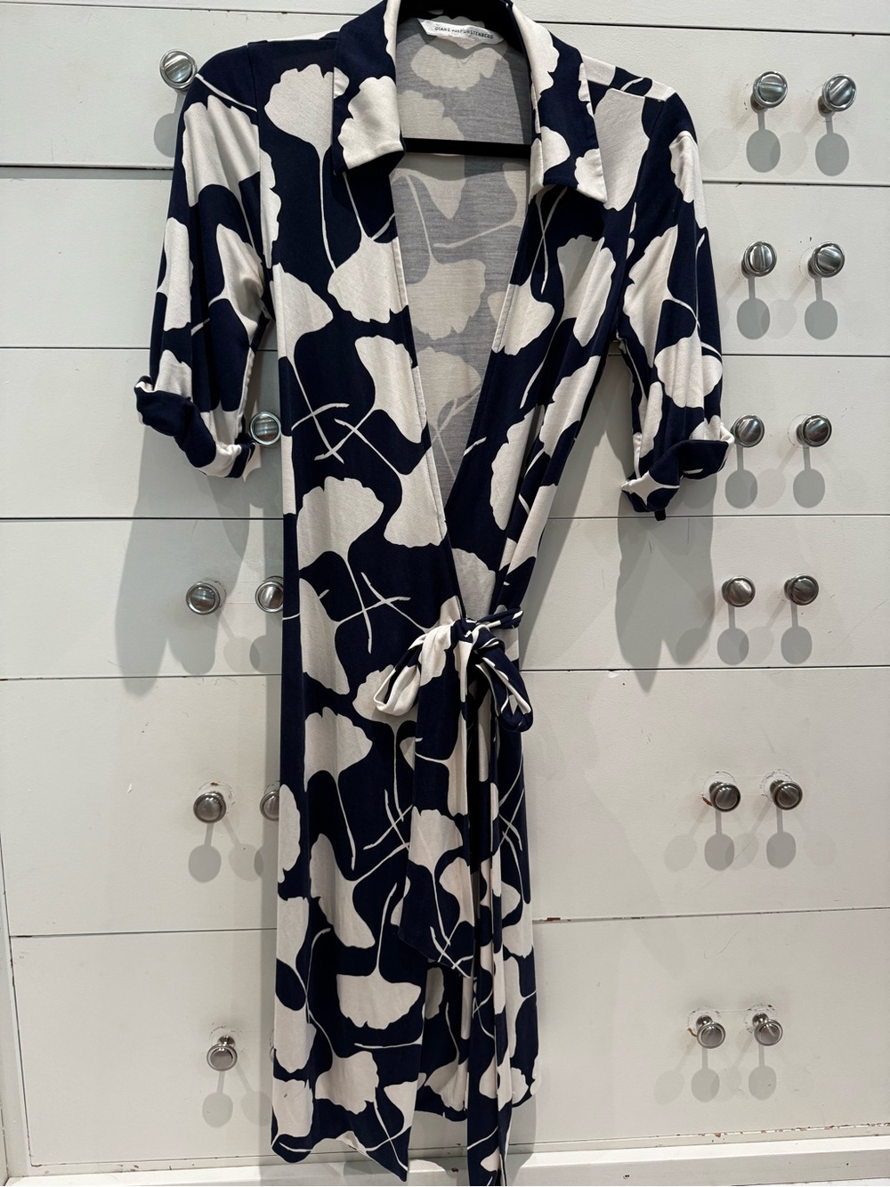 Diane Von Furstenberg Navy and White Printed Wrap Dress